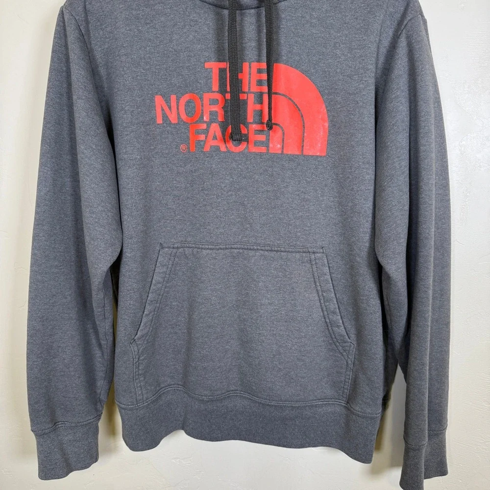 The North Face Hoodie Mens L Grey Half Dome Orange Logo Pullover Sweatshirt Camp